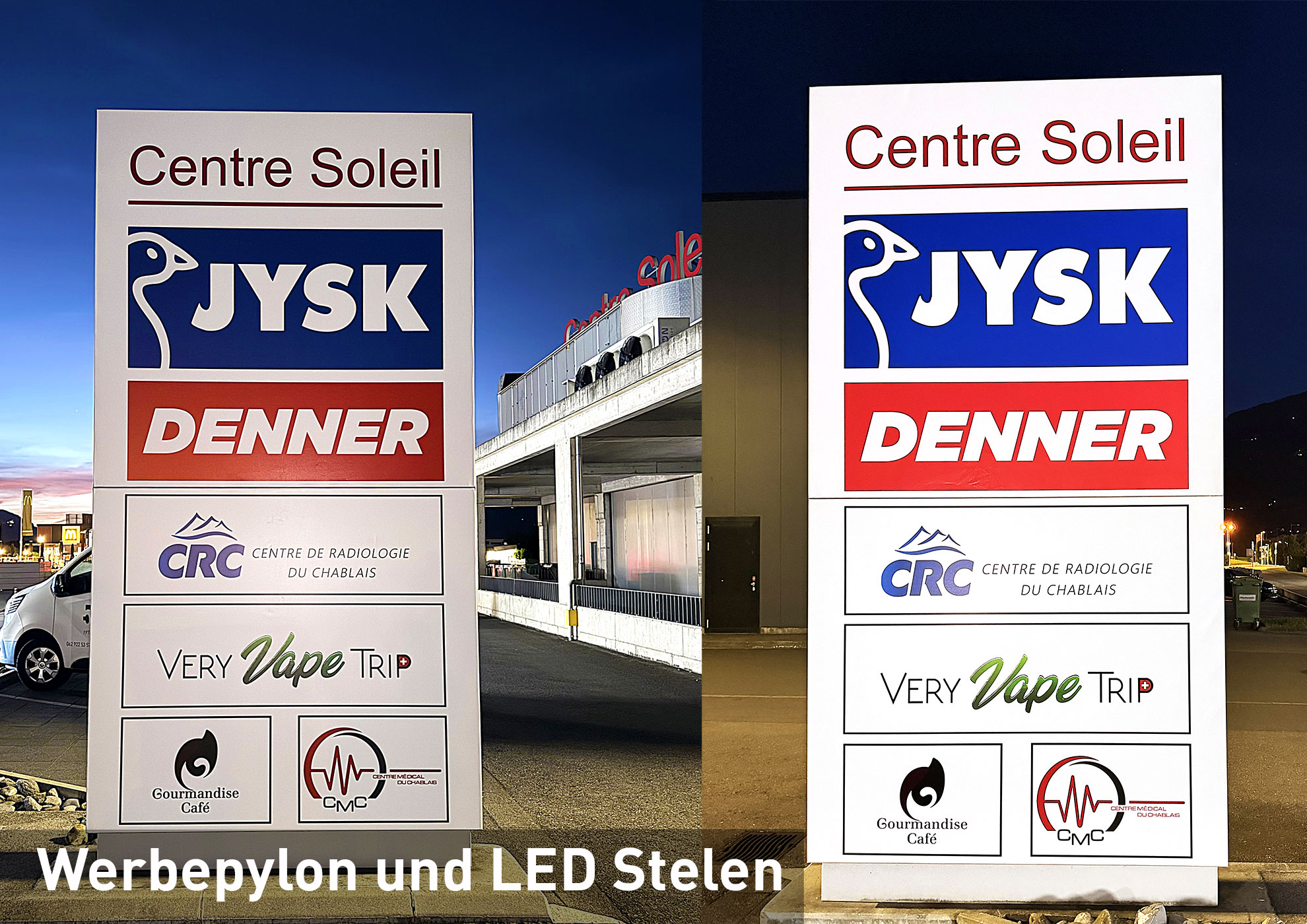 XXL-Werbepylon – doppelseitig beleuchtet | Sidler AG Werbetechnik XXL-Aussenpylon mit beidseitig beleuchteten Werbeflächen und Firmenlogos bei Nacht.